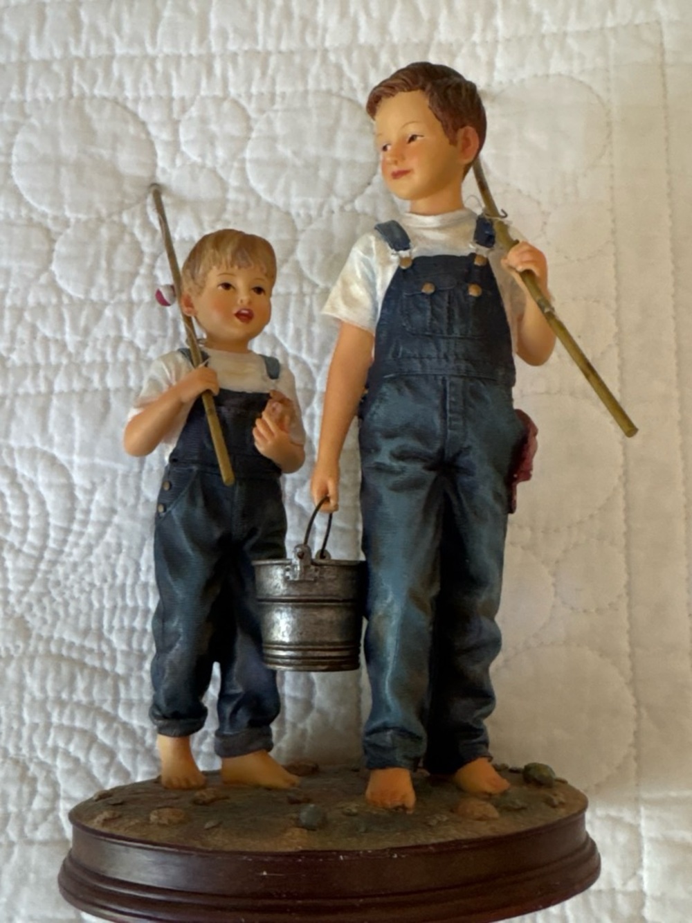 Demdaco Boys Fishing Figurine in Blue Overalls and White Shirts